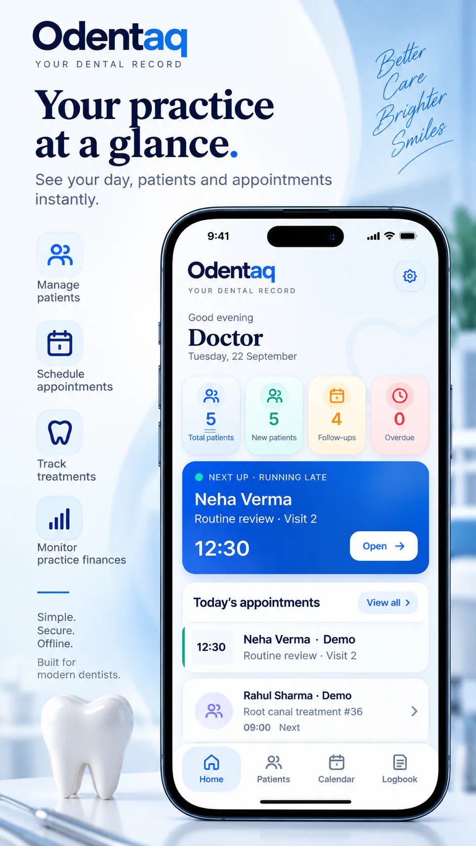 Odentaq dashboard with today's appointments and practice overview
