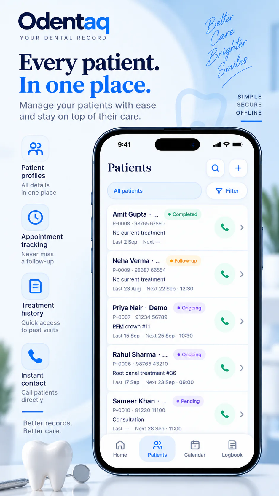 Odentaq patient list with treatment and follow-up status