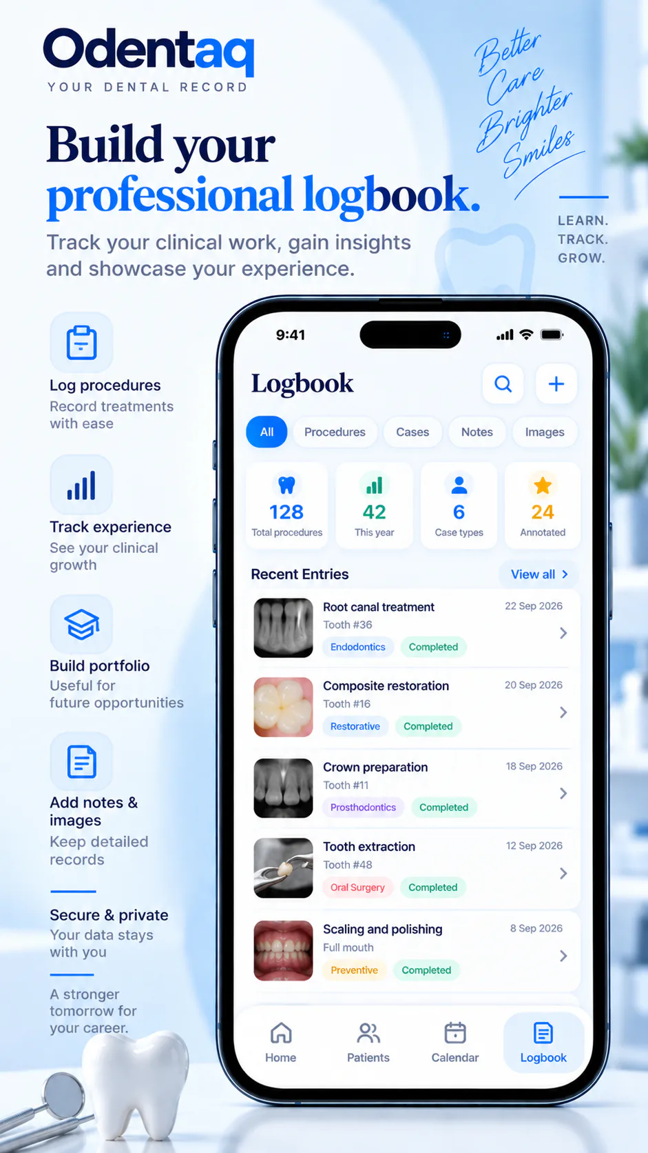 Odentaq professional logbook with procedures and case notes